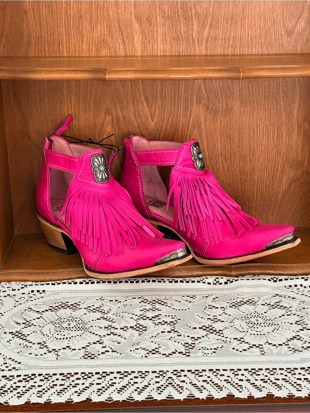 Women's Hot Pink Fringe Western Ankle Boots